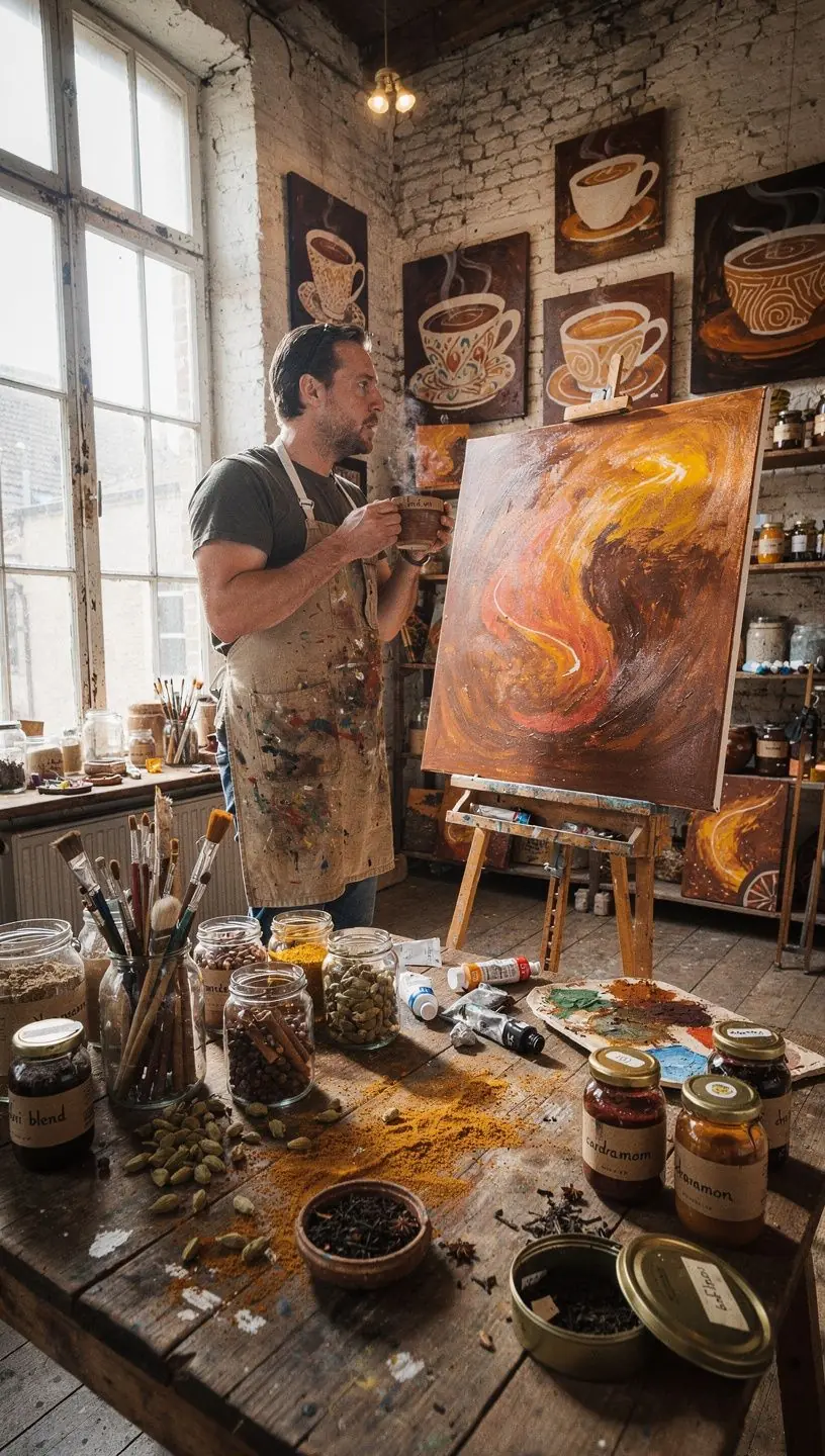 Tasse de thГ© chai sur une table en bois, avec des Г©pices Г  cГґtГ© et une lumiГЁre douce.