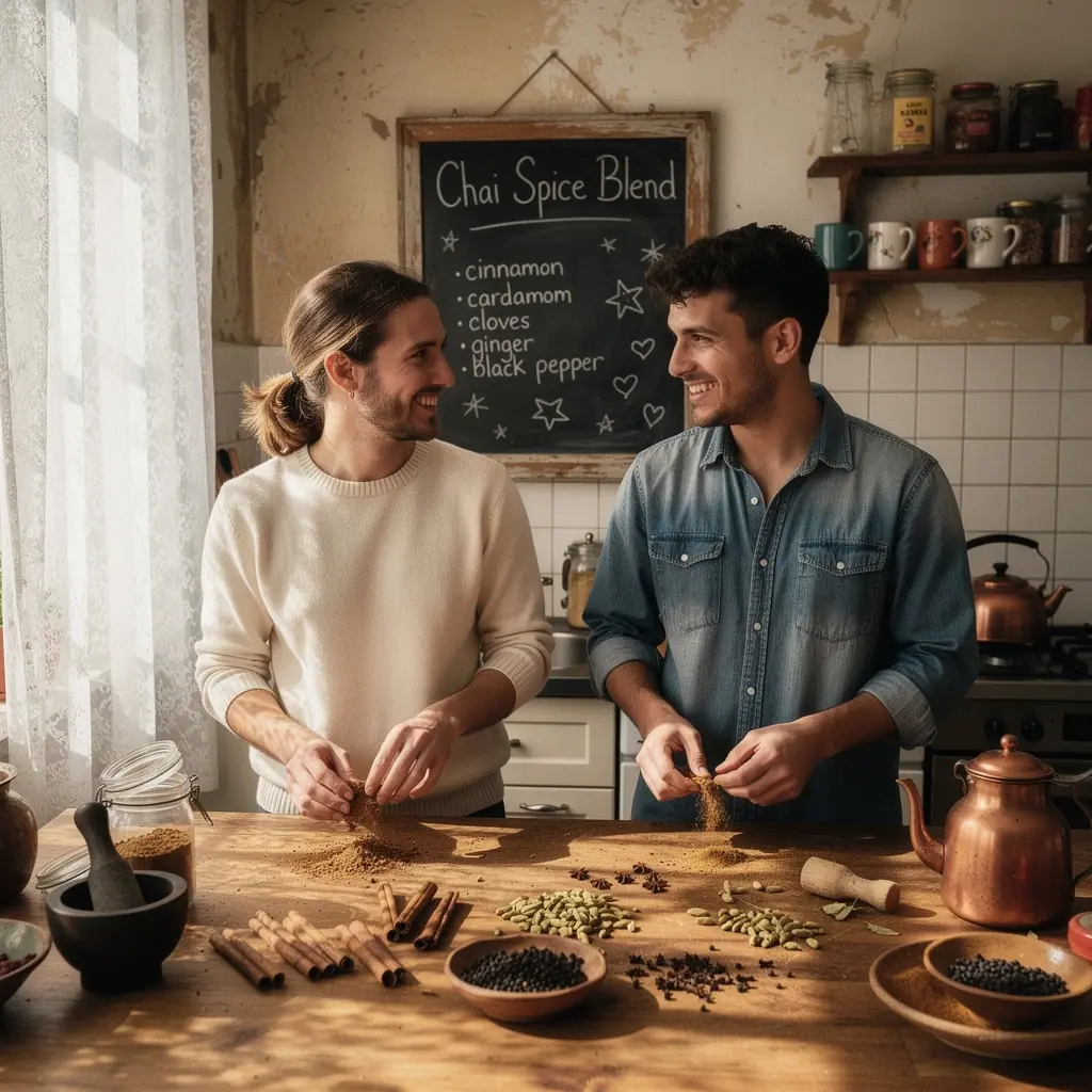 Infusion de chai dans une tasse en céramique, avec des feuilles de thé flottantes et des épices visibles.