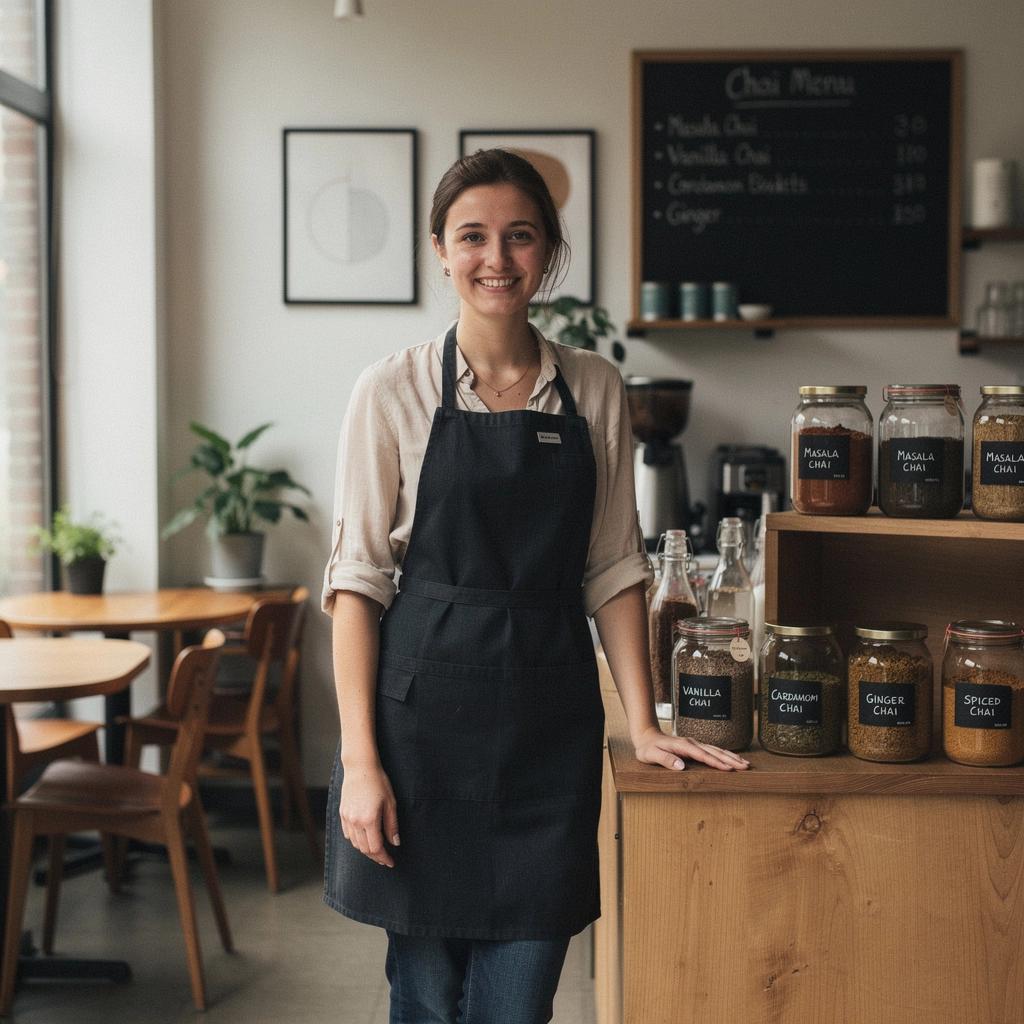 Tasse de chai fumant, décorée de quelques épices, sur une table en bois rustique.