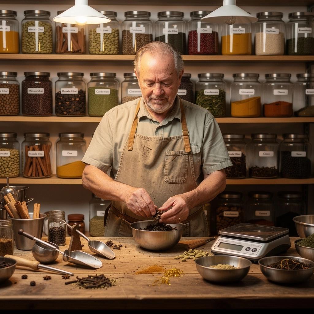 Épices de chai disposées artistiquement sur un tissu coloré, illustrant leur richesse aromatique.